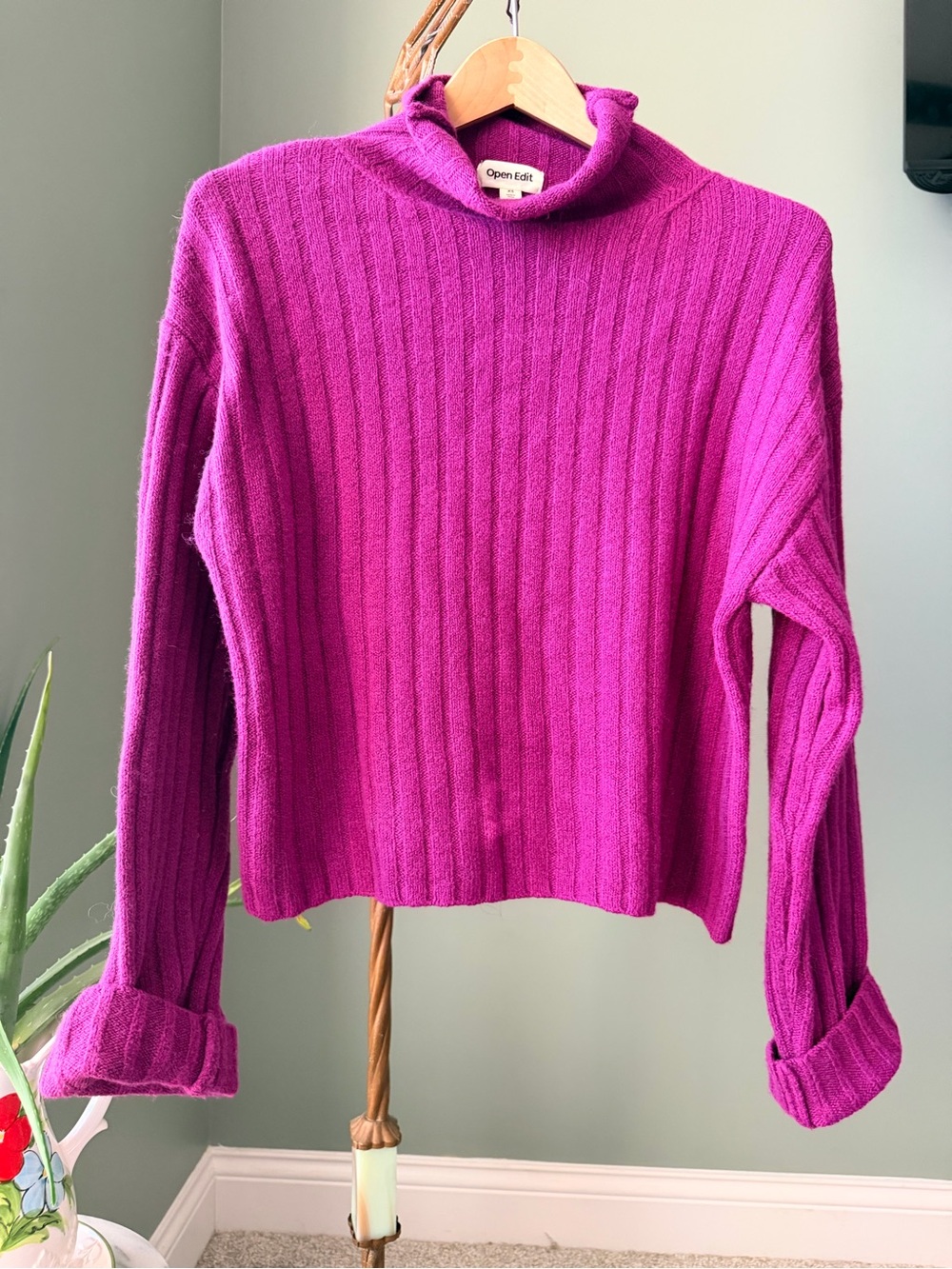 Open Edit Ribbed Turtleneck Sweater XS Magenta Pink Wool Blend Oversized